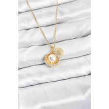 Butik Ayvitrin 316L Çelik Zincir Gold Renk Incili Deniz Kabuğu Model Zirkon Taşlı Kadın Kolye