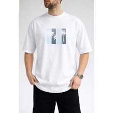 Caddekombin Erkek Good Vibes Yazılı Palmiye Ağacı Baskılı Bisiklet Yaka Beyaz T-Shirt