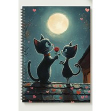 Black-One Sevgililer Günü ( Çift Kedi Temalı ) A5 Metal Spiralli Çizgisiz Kalın Bristol Kapak Çift Temalı