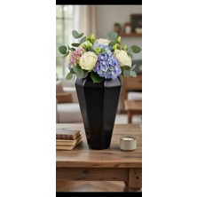 Büyük Boy Mat Siyah Geometrik Vazo - Facetli Modern Dekoratif Vazo, Salon ve Ofis Için Premium Tasarım