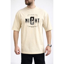Caddekombin Erkek Night Center Yazı Baskılı Bisiklet Yaka Bej T-Shirt