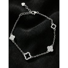 Roza Silver 925 Ayar Rodyum Zirkon Taşlı Dört Sıra Yonca Zarif Gümüş Bileklik