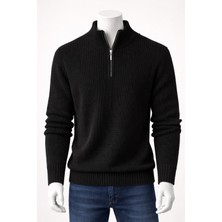 Lara Giyim Erkek Yarım Fermuar Siyah Kazak Triko Örme Rahat Tam Kalıp