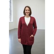 Lanze Triko Düğmeli Hırka Kırmızı Düz Desenli Akrilik Kumaş Kadın Büyük Beden