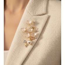 Aylis Inci ve Kristal Taş Detaylı Zarif Çiçek Dalı Broş - Gold Kaplama Şık Kadın Aksesuar