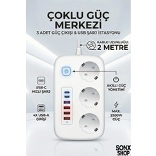 Durukar 2500W Çoklu Priz 2 Metre – 3’lü Ac Priz +5 USB Çıkışı Akım Korumalı Alev Almayan Gövde,