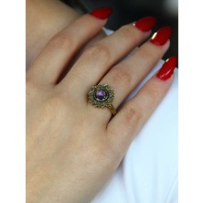 Esha Store Doğal Taş Ametist Yuvarlak Doğal Taşlı Antik Ayarlanabilir Kadın Yüzük EUY92AMT