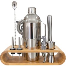 GuvenliPazar Bambu Standlı 10 Parça Profesyonel Kokteyl Seti – Paslanmaz Çelik Bar Seti