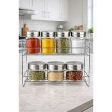 Mg Concept 2 Katlı Metal Baharatlık Rafı 7’li Cam Kavanoz Seti Paslanmaz Çelik Kapaklı Tezgah Üstü Mutfak Düzenleyici