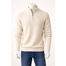 Lara Giyim Erkek Yarım Fermuar Krem Kazak Triko Örme Rahat Tam Kalıp