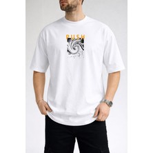 Caddekombin Erkek Vortex Desenli Push Yazı Baskılı Bisiklet Yaka Beyaz T-Shirt
