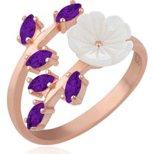 Katre46 Gümüş Rose Mor Yapraklı Bahar Çiçeği Yüzük