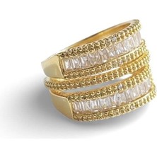 Cesicey Çelik Çift Sıra Yüzük Baget Taşlı Ayarlanabilir  Altın Renk