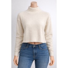 Lara Giyim Kadın Crop Kazak Yarım Boğazlı Sakallı Kumaş Rahat Kalıptır Krem