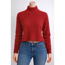 Lara Giyim Yarım Boğazlı Kadın Crop Kazak Sakallı Rahat Örme Kazak Triko Kazak Kırmızı