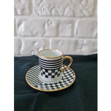 Konyax Çift Desen Damalı 4 Parça 2 Kişilik Porselen Türk Kahvesi Fincan Takımı