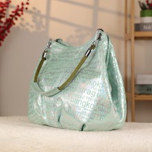 Açık Yeşil / Isim Baskılı Deri Çanta - 4037 , Fermuarlı , Orijinal Deri , 3 Cepli