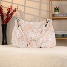 Pembe Çiçek Desenli Deri Çanta - 4037 , Orijinal Deri , Bayan Çanta , Krom Aksesuarlı , 3 Cepli