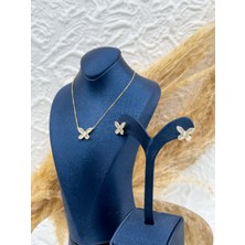 Livora Jewelry 925 Ayar Gümüş Gold Renk Taşlı Kelebek Figürlü Kolye Küpe Kadın Takı Seti