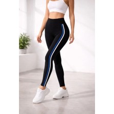 Nova Epoxy Art Likralı Yan Beyaz Mavi Şeritli Detaylı Tayt - Siyah