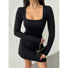 Qutta Kadın Kare Yaka Uzun Kollu Interlok Kumaş Elbise