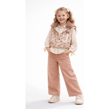 Turuncu Gardrop 3-6 Premium Yaş Kürk Yakalı Yelekli Kot Pantolonlu 3'lü Kız Takım Pudra