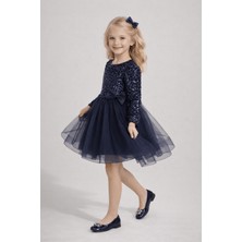 Turuncu Gardrop 4-12 Yaş Grenli Kadife Payetli Kız Çocuk Abiye Elbise Lacivert