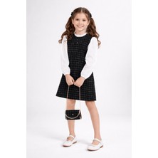 Turuncu Gardrop 6-10 Yaş Premium Inci Düğmeli Kol Detay Tüvit Elbise Siyah