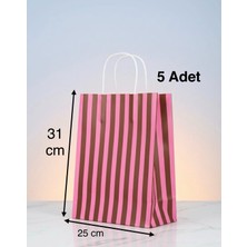 e ERTA Pembe ve Kahverengi Çizgili Kraft Çanta 25X31 cm 5ADET Hediye Poşeti,hediye Paketi Kraft Kağıt Çanta