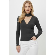 Libas Verda Kadın Boğazlı Pencere Detaylı Gri Triko Kazak