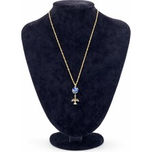 Pangu Mavi Renk Detaylı Uçak Figürlü Altın Renk Çelik Kolye