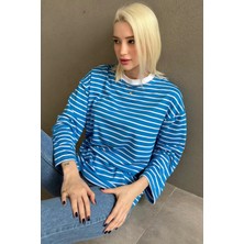 Madmext Turkuaz Bisiklet Yaka Çizgili Uzun Kollu Tişört MG2362