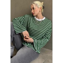 Madmext Yeşil Bisiklet Yaka Çizgili Uzun Kollu Tişört MG2362