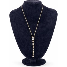 Pangu Dikdörtgen Figürlü Zirkon Taşlı Altın Renk Çelik Uzun Kolye