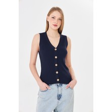 Irmak Kerekli Kadın Düğmeli Fitilli Triko Yelek Kadın Yelek Y241017 Lacivert
