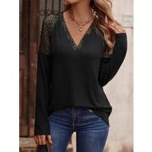 Etiler Collection Kadın Uzun Kollu V Yakalı Dantel Detaylı Viskon Bluz