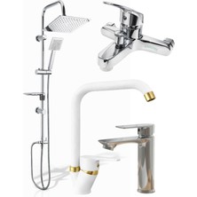 Krom Robot Duş Banyo ve Lavabo Bataryası Beyaz Gold Mutfak Eviye Bataryası