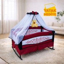Katlanır Mini Park Beşik Sallanır Anne Yanı Bebek Beşiği 50X80 Metal Tüllü Yatak Hediyeli