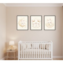 Safir Design Bebek Odası Için Yıldız ve Ay Temalı Tavşanlı 3'lü Çerçeveli Tablo Seti