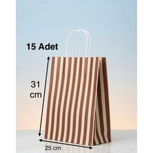 e ERTA Kahverengi ve Krem Çizgili Kraft Çanta 25X31CM 15 Adet Hediye Poşeti,hediye Paketi Kraft Kağıt Çanta