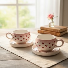 Rgs Homelife 2'li El Yapımı Seramik Kupa Seti, Seramik Kahve, Espresso ve Çay Kupa Seti Kalp Desenli Kupa