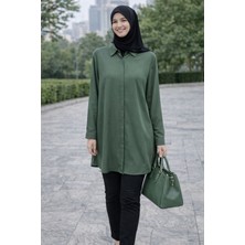 Moda Kadın Haki Tesettür Tunik Gömlek – Salaş Kesim, Uzun Kollu, Gömlek Yaka, Günlük & Ofis Şık