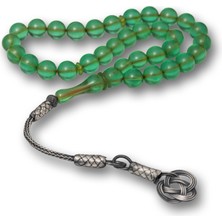 Katre46 Gümüş Kazaz Püsküllü Yeşil Sıkma Kehribar Tesbih