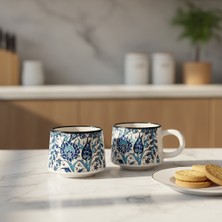 Rgs Homelife 2'li El Yapımı Seramik Kupa Seti, Seramik Kahve, Espresso ve Çay Kupa Seti Mavi Beyaz Kazan Kupa