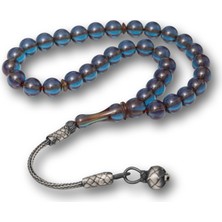 Katre46 Gümüş Top Kazaz Püsküllü Şeffaf Mavi Sıkma Kehribar Tesbih