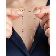 Katre46 Gümüş Çift Zincirli Top Detaylı Kadın Küpe