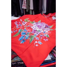 Vavelli Büyük Gül Desen Nar Çiçeği Twill Ipek Eşarp