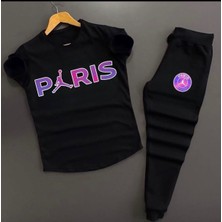 Risil-Nu Company Unisex Siyah Paris Baskılı Slim Fit Tişört- Siyah Dar Kesim Eşofman Altı Kombin Alt Üst Takım 2'li