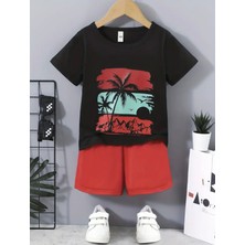 Kids Face Özel Tasarım Yaz Havası Palmiyeler Baskılı %100 Pamuk Beachwear Kız Çocuk T-Shırt Şort Takımı