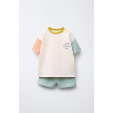 Magu Çocuk Pamuklu Ekru Renk Bloklu T-Shirt ve Mint Şort Takım
